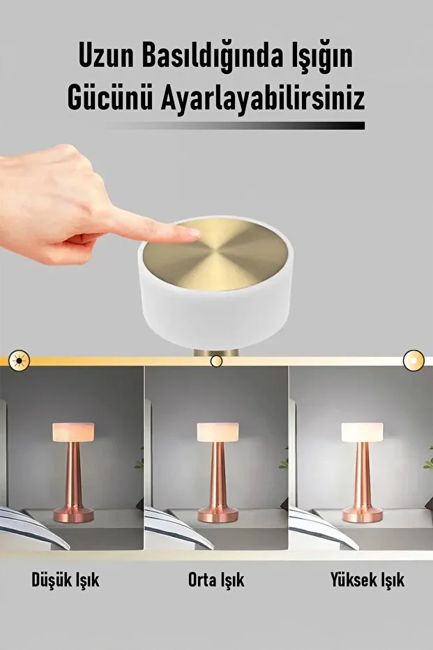 Gold Renk Şarjlı LED Masa Lambası Type-C Girişli Dokunmatik 3 Işık Modlu Gece Aydınlatması